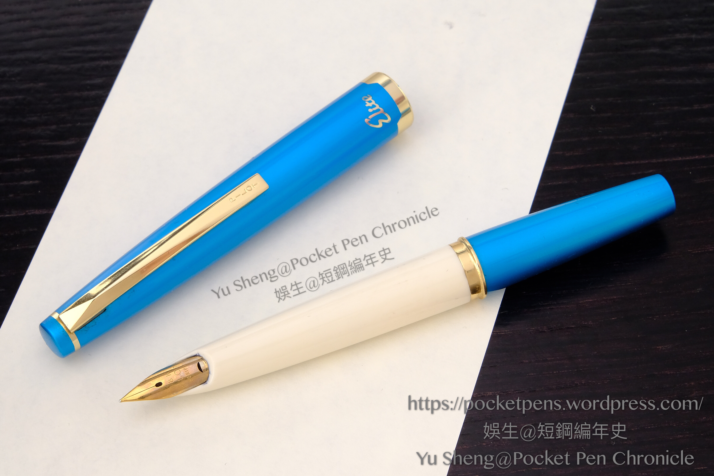 Blue Elite S-KaraKara pocket pen, white plastic section, 18K script nib.