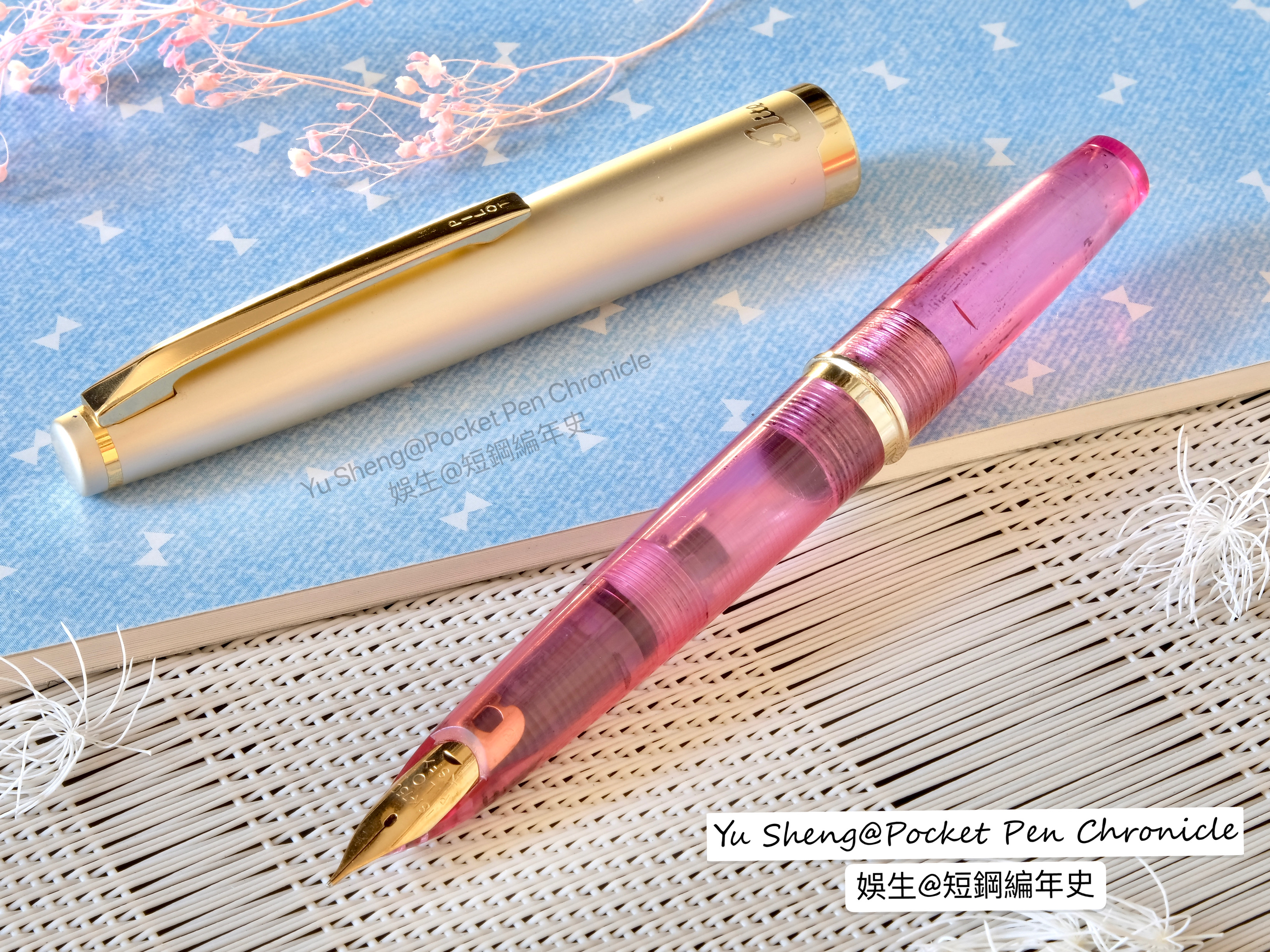 Pilot Elite S pocket pen, employee-specific version, translucent pink barrel, 18K-Gold SF nib